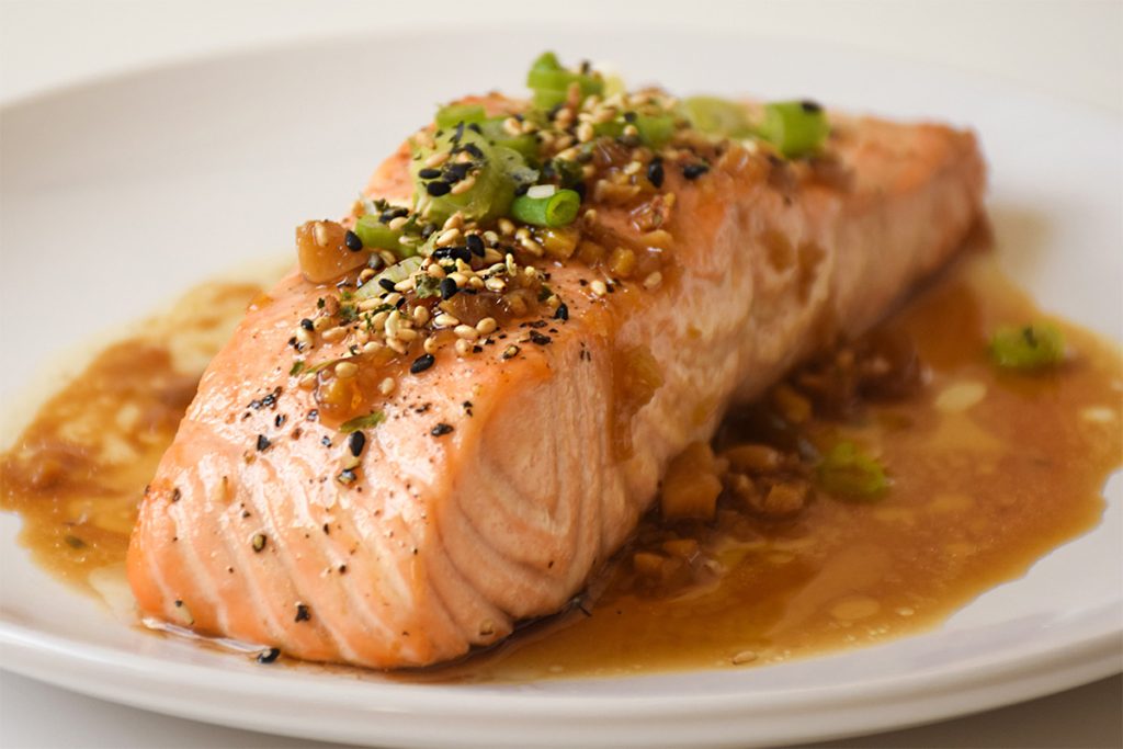 Salmon filet in ginger-soy marinade.